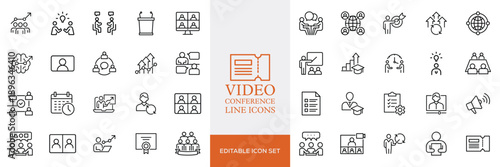 Big set of video conference line icons. Meeting, online, live, call etc. Editable stroke