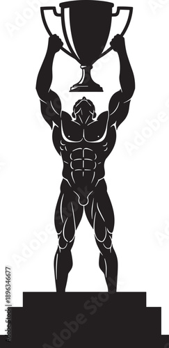 Silhouette of strong athlete celebrating victory on podium holding trophy high above head symbolizing success, achievement, triumph, excellence, competition, sportsmanship, and personal accomplishment