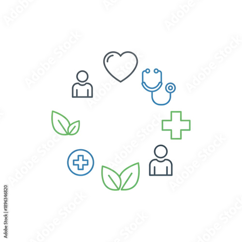 health and wellness icon set circle arrangement with medical stethoscope heart leaves and cross signs on transparent background