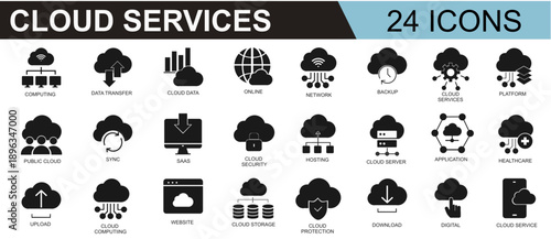 Cloud Services solid Icon Set. containing cloud Computing, Data Storage, Network,  Security, Saas, Server Ions.Vector illustration