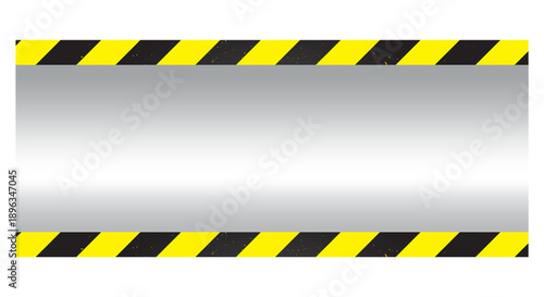 Metallic silver industrial warning background with black and yellow hazard stripes border, steel texture panel for safety signage, factory caution message, construction alert banner and industrial des