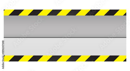 Grey industrial warning background with black and yellow hazard stripes, minimal safety panel design for factory caution signs, construction alerts, risk area banners and industrial signage
