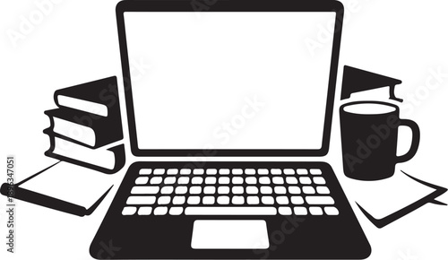 Laptop with books and coffee cup on desk computer reading