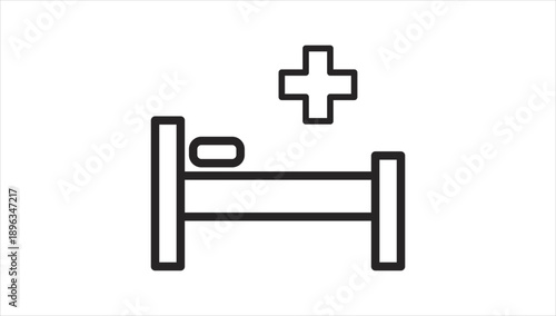 Simple line icon of a hospital bed with a medical cross.