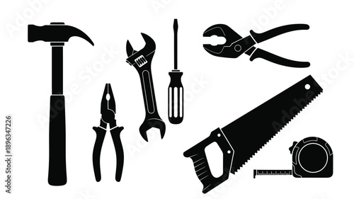 various hand tools arranged in a row a simple construction equipment silhouette