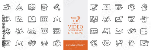 Big set of video conference line icons. Meeting, online, live, call etc. Editable stroke