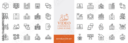 Big set of video conference line icons. Meeting, online, live, call etc. Editable stroke