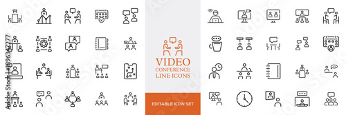 Big set of video conference line icons. Meeting, online, live, call etc. Editable stroke