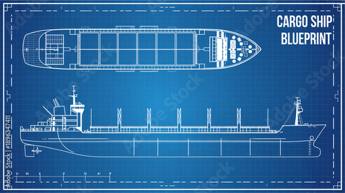Detailed blueprint of a modern cargo ship with top and side views
