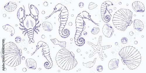 A delicate sketch of marine life seahorses crabs shells and starfish