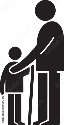 Simple black silhouette of an elderly man with a child walking with a cane