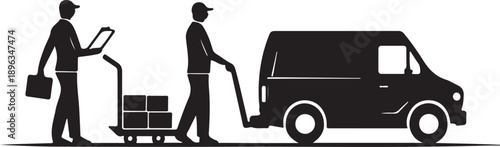 Delivery service silhouette a worker with a hand truck and a van