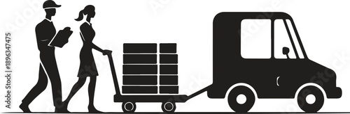 Delivery vehicle with two workers one pushing a hand truck with boxes
