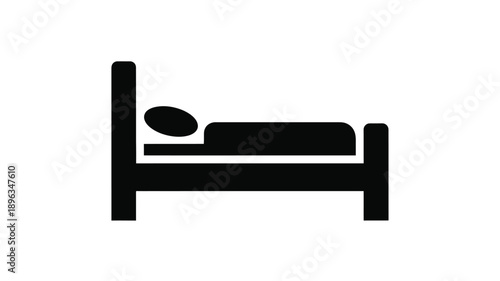 a simple black and white icon depicting a bed with a person sleeping silhouette