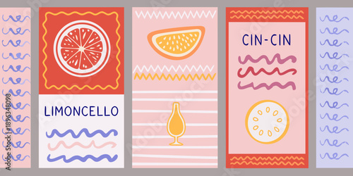 Colorful illustrations of citrus fruits cocktails and the word cin cin