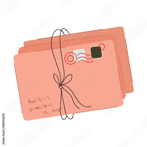 Flat vector illustration of a bundle of letters and envelopes tied together. Cozy, nostalgic stationery theme with warm pastel colors. Perfect for Valentine’s Day designs, love letters