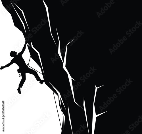 A person climbing a steep cliff face in a precarious position