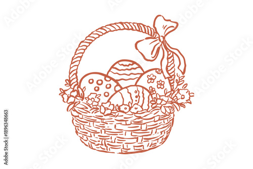 Spring easter basket with decorated eggs and bow outline drawing