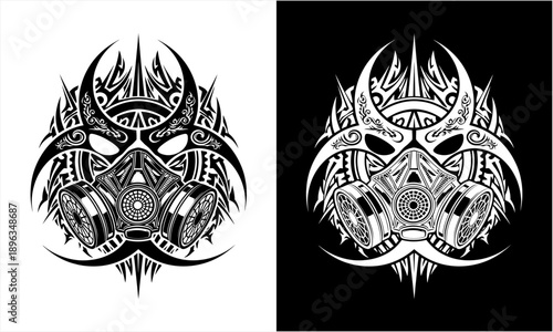Tribal Gas Mask Biohazard Symbol Tattoo Design Illustration.
