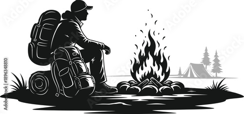 Traveler resting by a campfire near a mystical castle