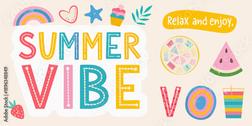 Colorful summer illustration with fruits ice cream and positive vibes