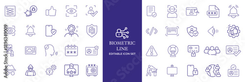 biometric line icons. Identity, acces, passport, id card, verification etc. Editable stroke