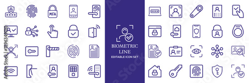 biometric line icons. Identity, acces, passport, id card, verification etc. Editable stroke
