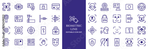 biometric line icons. Identity, acces, passport, id card, verification etc. Editable stroke