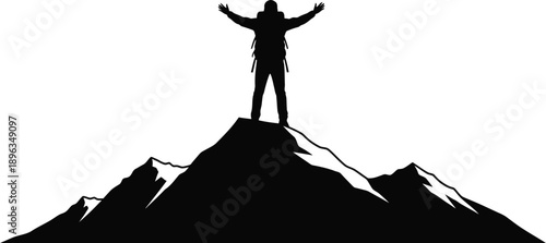 Triumphant person standing on mountain peak with arms raised in victory and freedom