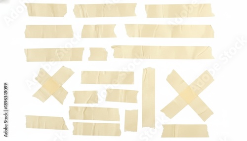 Variety of beige masking tapes, X shapes, strips, and pieces, isolated
