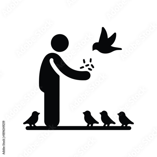 Man feeding birds icon, stick figure, human silhouette, stickman isolated on transparent