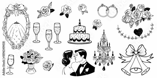 Wedding themed illustrations rings cake couple and celebratory details