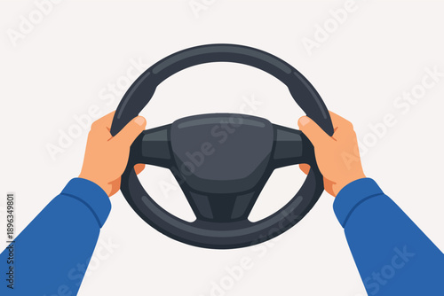 Driver hands holding steering wheel, driving car, controlling vehicle on journey