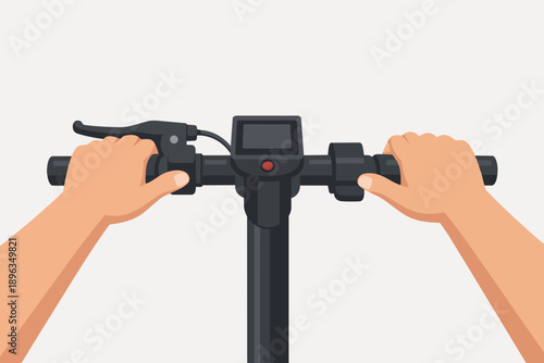Hands holding handlebars of an electric scooter for personal urban transport