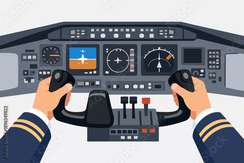 Pilot's hands controlling the aircraft yoke and throttle within the plane's cockpit