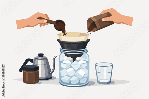 Preparing cold brew iced coffee using a pour over filter method at home