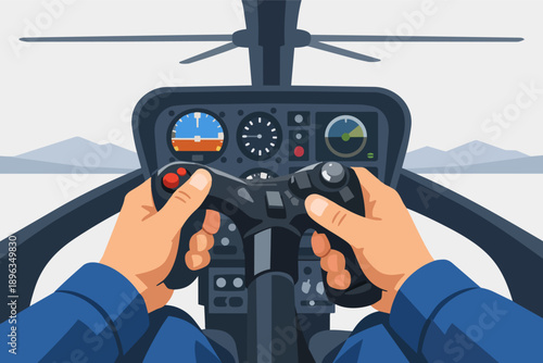 Pilot flying helicopter using controls in cockpit with dashboard and mountain view