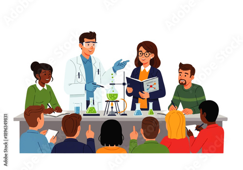 Teacher-led science classroom demonstration with engaged students observing an experiment.