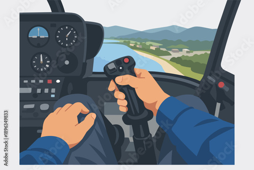 Pilot controlling helicopter flight from a cockpit view with landscape outside