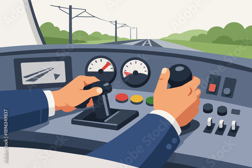 Train driver operating controls inside a cockpit, moving on railway tracks