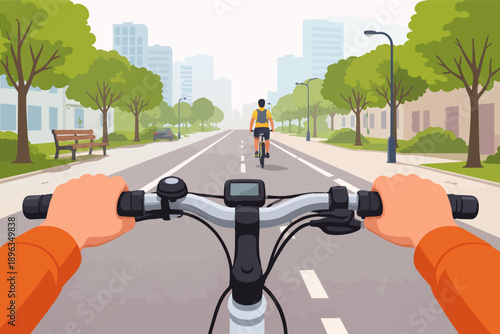 Person cycling on urban street from first-person perspective, following another cyclist