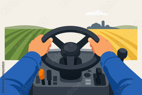 Farmer driving tractor through fields, working in agriculture and harvesting crop