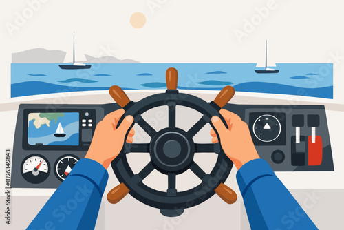 Captain hands steering yacht wheel on dashboard with navigation system at sea