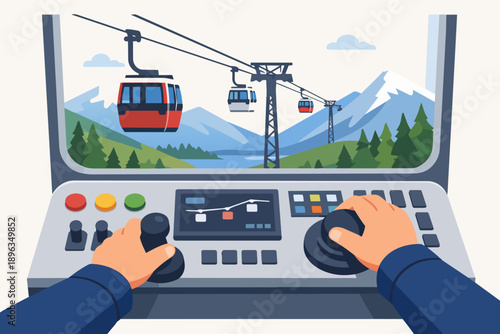 Operating cable car gondola lift system from a control panel with joysticks