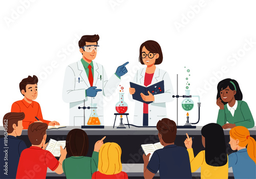 Teachers conducting a chemistry experiment for curious school students.