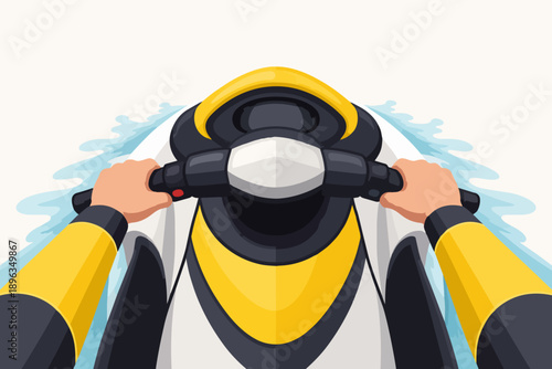 Person's hands on jet ski handlebars, navigating water at speed, creating splashes