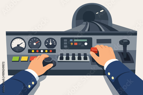 Train driver controlling subway dashboard, navigating tunnel, public transport concept