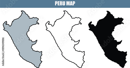 Peru map illustration with grey, white, and black silhouettes on a clean white background, ideal for travel and geography projects.