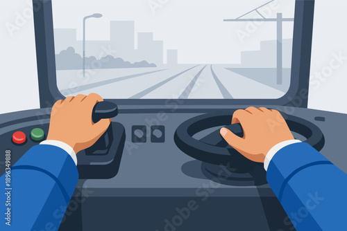 Tram driver operating vehicle controls on an urban railway with cityscape in background
