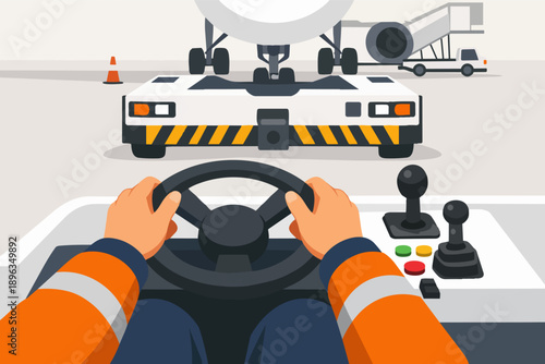 Worker driving an airport tug, preparing an aircraft for departure on the tarmac